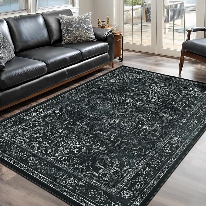 Vintage Black Washable Area Rugs 5x7 for Living Room, Distressed Medallion Printed Rugs for Bedroom, Non Slip Washable Low Pile Thin Carpet Rugs for Dining Room/Kitchen/Foyer/Home Office