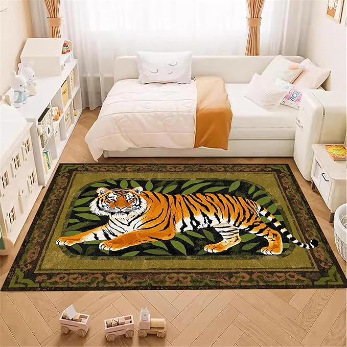 Tiger Area Rug,3x4ft, Tiger Print Rug,Tiger Themed Stylish Rug, Bohemian Vintage Tiger Print Rug, Non-Slip Washable Rug for Living Room Bedroom Dining Room Kids Room Decoration