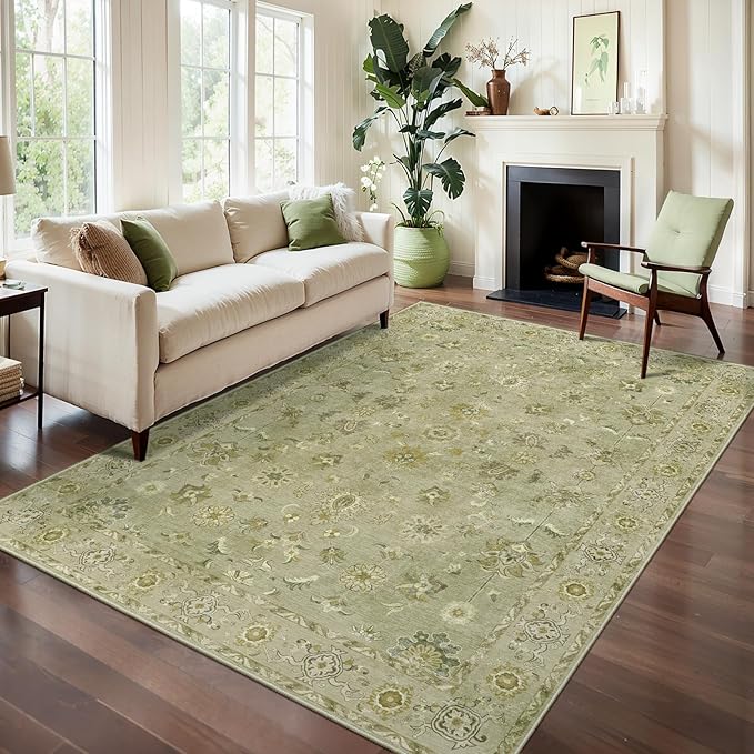 Tangsoo 8x10 Area Rug for Living Room, Washable Floral Vintage Indoor Non Slip Large Area Rugs, Print Distressed Flaxen Green Carpet, Soft Low Pile Foldable Floor Rugs for Bedroom Dining Room