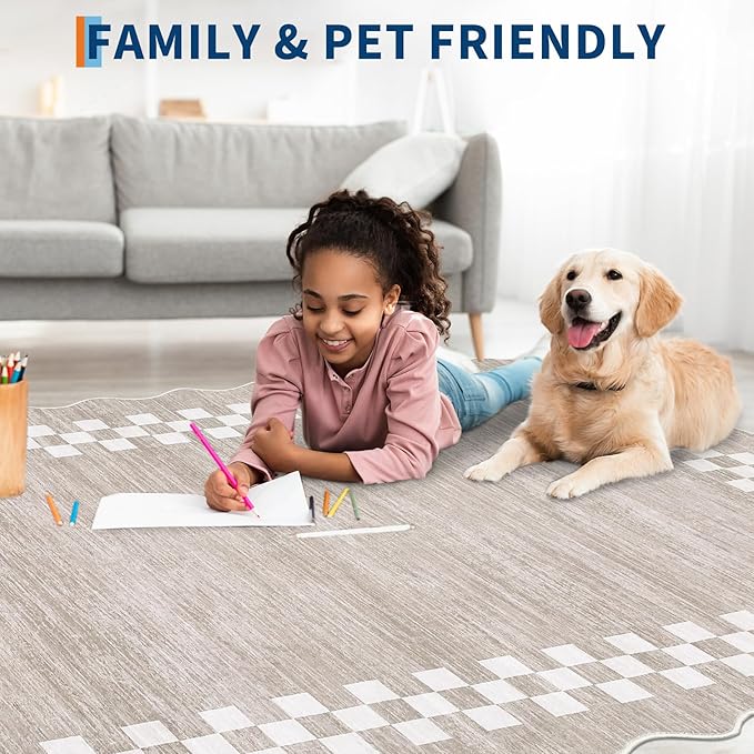 GarveeHome Scalloped Washable Rug 9x12 Area Rug for Living Room Modern Border Large Bedroom Throw Carpet with Rubber Backing Stain Resistant Boho Rug for Dining Room Home Decor Office, Fog