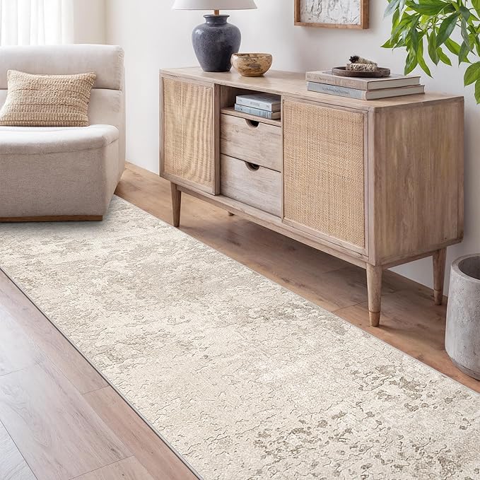 Art&Tuft 2x12 Runner Rug - Washable Runner Rugs, Non-Slip Runner Rug for Hallway, Low-Pile 2x12 Rug Runner Kitchen Laundry Room Rug Throw Carpet for Entrance Bedroom Living Room, Beige