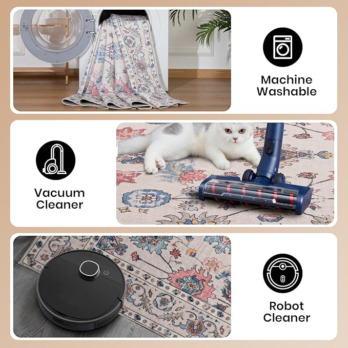 Area Rug for Living Room, 9x12 Washable Non Slip Large Faux Wool Throw Rug, 0.3″ Low Pile & Non-Shedding Boho Large Carpet Rugs for for Dining Room, Bedroom, Office (Beige)