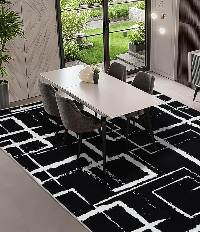 YIHOUSE Black Modern Geometric Area Rug 6x9, Black and White Rug with Abstract Rectangular Patterns,Non-Shedding Washable Rugs for Bedroom, Home Office and Living Room