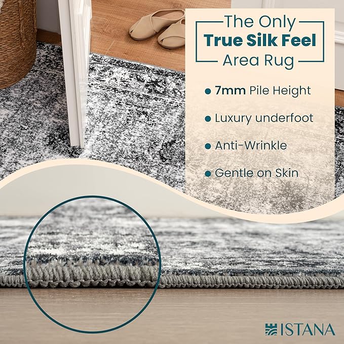 Istana Hallway Runner Rug 2.5x8 - Dark Grey Kitchen Rugs Non Slip Washable -Silk's Soft Touch Carpet Runner - Stylish Rugs for Home