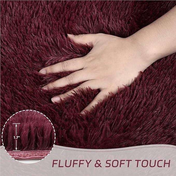 duduta Burgundy Plush Round Rug 4x4 ft, Fluffy Shag Rugs for Bedroom Classroom Nursery Playroom Dorm Decor, Washable Non Slip