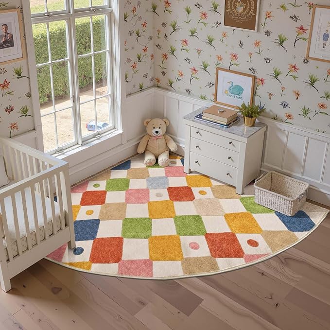 jinchan Macy Kids Rug for Nursery 6ft Radius Corner Washable Area Rug Modern Colorful Quarter Circle Rug Soft Non-Slip Carpet for Bedroom Playroom Daycare Reading Nook Classroom Circus on Cream