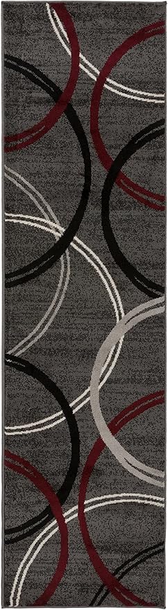 Rugshop Modern Wavy Circles Design Non-Shedding Runner Rug, Carpet for Hallway or Kitchen, Red, 2' x 10'