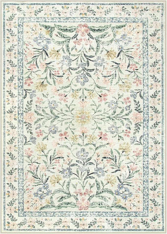 Wonnitar Boho Floral Washable Rugs 5x7, Soft Area Rugs for Bedroom, Ultra-Thin Non Slip Beige Area Carpets, Flower Print Decor Carpet for Living Room Nursery Dining Room Office