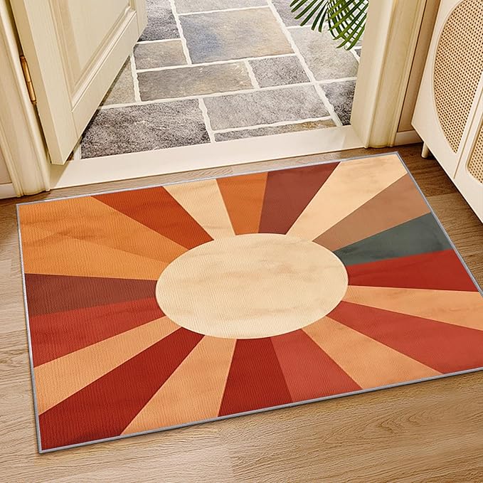 70s Rugs for Living Room - 7x10 ft, Retro Sun Rug, Mid Century Sun Area Rugs for Living Room Bedroom, Red and Orange Washable Rug Non-Slip Carpet, Boho Retro 70s Home Decor & Gifts