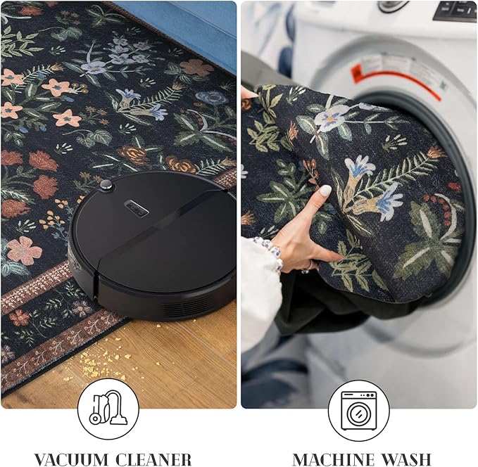 Boho Floral Machine Washable Runner Rug 2x6, Black Navy Kitchen Runner Rug Non-Slip, Super Thin Hallway Rug Runner Printed Faux Wool Soft Carpet for Entryway Bedroom Laundry Room Indoor
