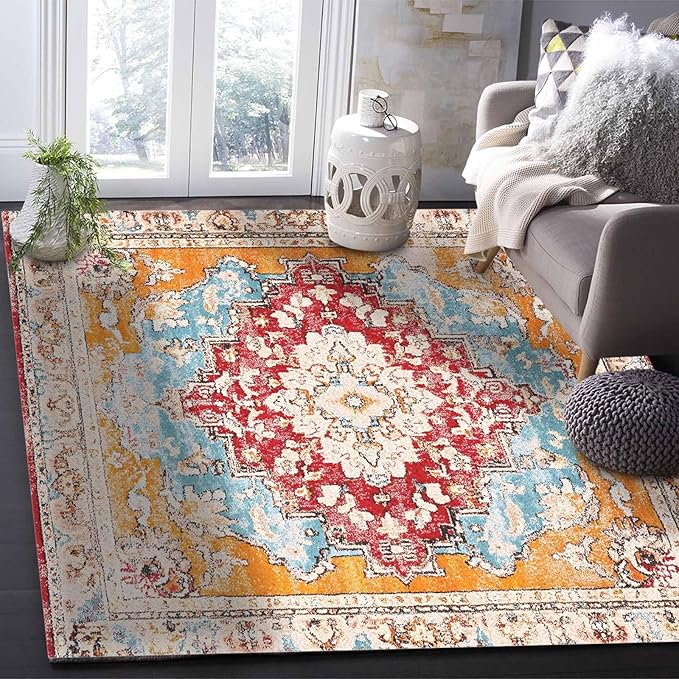 Bohemian Pattern Rectangular Area Rugs for Living Room Bedroom 3 x 5 ft Red & Orange Abstract Non-Shedding Soft Low Pile Rug Non Slip Washable Rug for Nursery Entryway Playroom