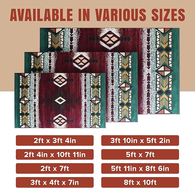 YHSF South West Native American Area Rug C318 - Easy Clean, Thick, Soft, Durable Native Tribal American Indian Inspired Rug for Bedroom/Living Room and More - Burgundy, 2 Feet x 3 Feet 4 Inches