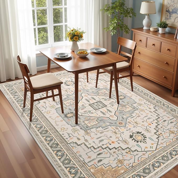 5x7 Grey Beige Area Rug for Living Room, Machine Washable Rugs with Non-Slip Backing for Bedroom, Vintage Medallion Carpet Dining Room Office Kids Room Decor