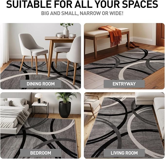 Rugshop Wavy Circles Design Area Rug, Carpet with Jute Backing for Kitchen, Entryway, or Office, Gray, 4' x 6'