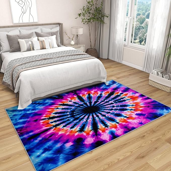 Tie Dye Rugs for Bedroom -Mandala Hippie Rug, 4x6 ft, Colorful Psychedelic Living Room Rug, Blue and Pink Abstract Washable Area Rugs for Bedroom, Multicolor Tie Dye Home Decor & Gifts