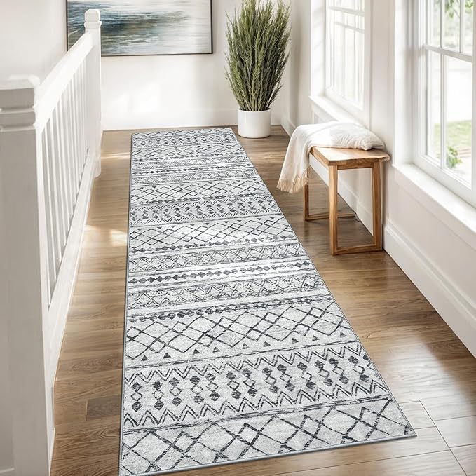 KUTA Moroccan Washable Runner Rug 2.6x8, Non-Slip Vintage Grey Boho Hallway Runners Kitchen Rugs Ultra Soft Print Distressed Geometric Floor Carpet for Bedroom Laundry Living Room