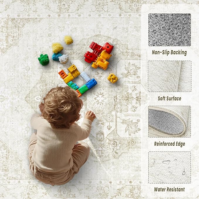 6x9 Area Rugs Washable Rugs for Living Room, Vintage Boho Rug Non-Slip Soft Floral Distressed Rug Low Pile Stain Resistant Carpet for Bedroom Nursery Office Dining Room Farmhouse Dorm(Beige, 6'x9')