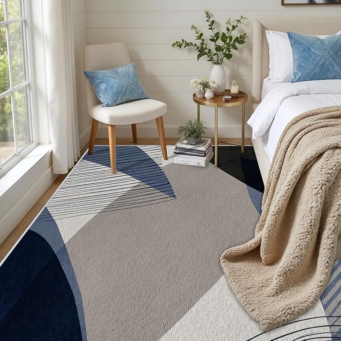 Abstract Art Line Living Room Area Rugs 6x9, Modern Boho Geometric Print Soft Rug, Minimalist Washable Non Slip Neutral Carpet for Bedroom, Dining Room Office Playroom, Navy Blue Gray
