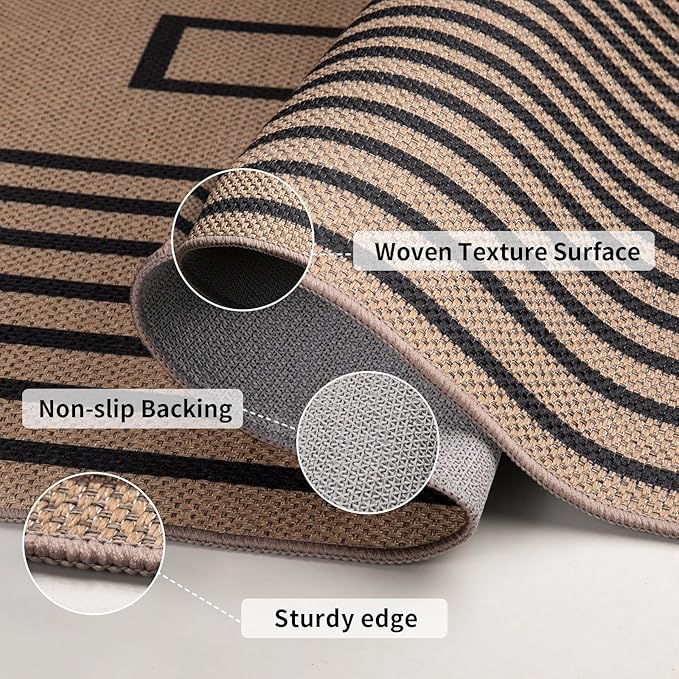 Tangsoo Easy Jute Rug 6x9 Washable Area Rugs for Living Room,Black Geometric Non Slip Indoor Outdoor Carpet,Farmhouse Modern Office Mat for Backyard Dining Room Patio Bedroom Balcony Sunroom Decor