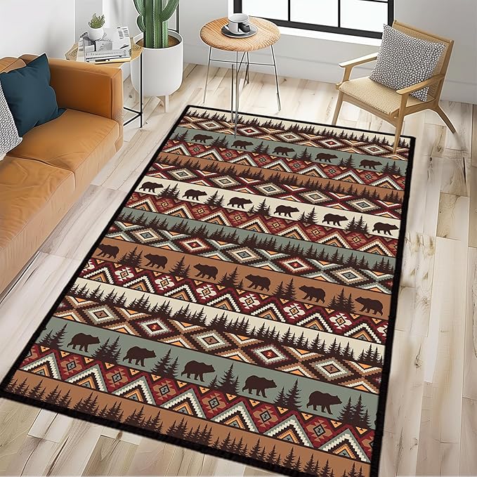 Rustic Cabin Wildlife Area Rug 5x7 Living Room Rug,Bear Moose Deer Country,Vintage Throw Rugs Carpet for Dining Room Washable Bedroom Rug Non Slip Floor Carpets for Office,Kids Playroom