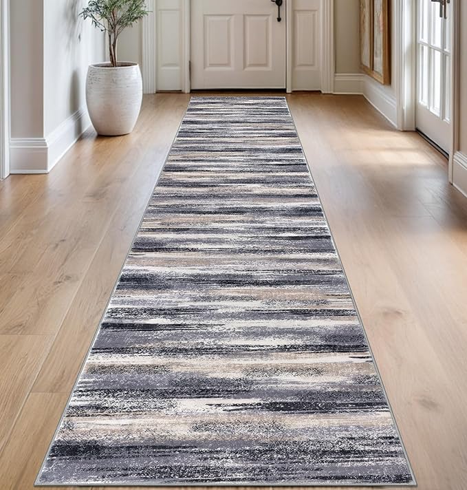 Modern Abstract Runner Rug 14' x 2'7'' (Runner), Grey, 0.32 Inch Thick, Non-Slip, Machine Washable, Faux Wool