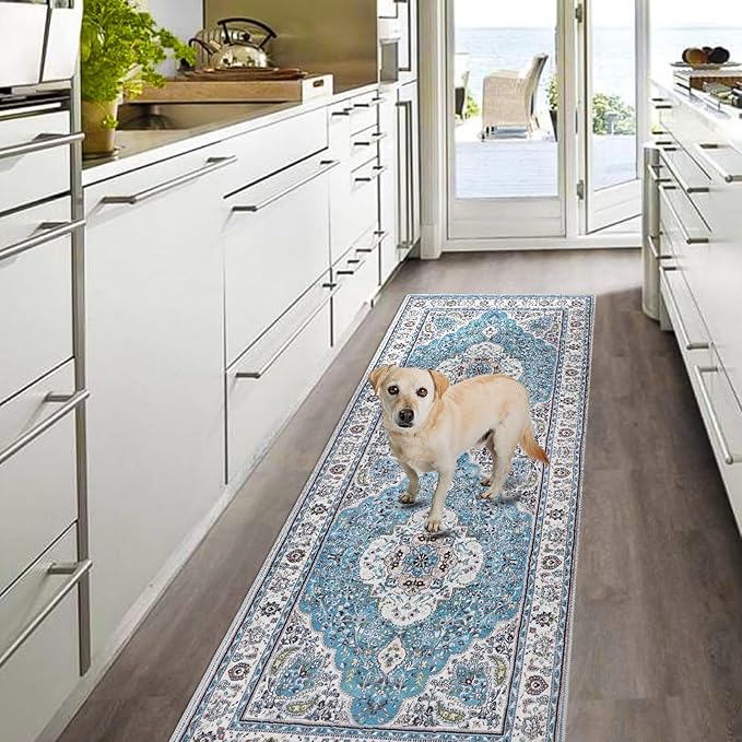 COMSLE Boho Runner Rug, 2x6 Washable Rugs for Hallway Faux Wool Small Throw Rug Distressed Kitchen Area Rug Non-Slip Laundry Room Rug Carpet Runner for Entryway Indoor Bedroom (Light Blue)