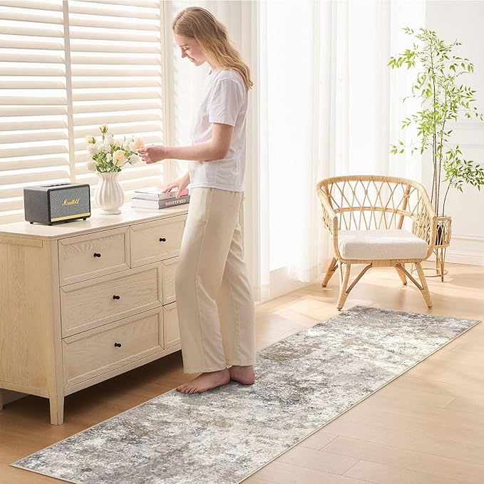 2X6 Washable Runner Rug for Hallway: Soft Neutral Modern Abstract Area Rug - Non-Slip Low Pile Long Throw Indoor Carpet for Kitchen Entryway Kitchen Bedroom Laundry Bathroom - Brown Grey