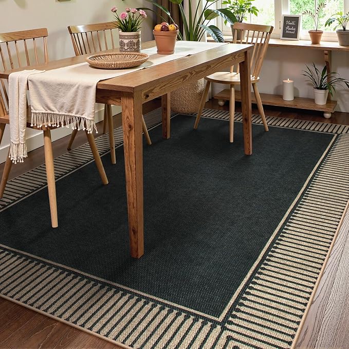 Moynesa Striped Border Easy Jute Outdoor Rug 8x10, Washable Indoor Outdoor Patio Area Rugs for Living Room Non Slip, Modern Classic Farmhouse Carpet for Dining Room Table, Black