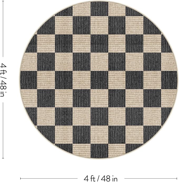 LIVEBOX Checkered Round Rug 4 Ft Washable Area Rug for Playroom, Kids Non-Slip Neutral Classic Circle Rug Geometric Large Carpet Soft Boys Rug for Classroom Dorm Bedroom(Black,120R)