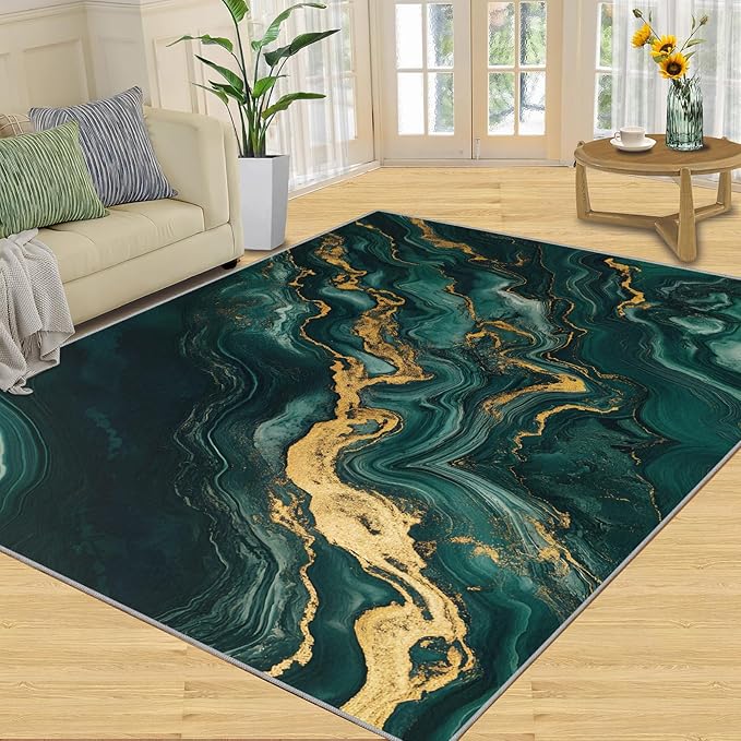 5x8 Abstract Marble Kids Rug - Emerald-Green-Marble Dining Room Rug, Luxury Stone Pattern Area Rugs Indoor Modern Rugs for Bedroom Hardwood Floors Teen Room