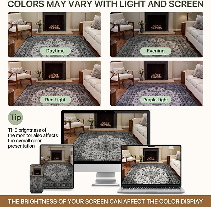 Bavni Vintage 3x5 Area Rugs, Boho Oriental Living Room Rug, Machine Washable Rug Non Slip, Distressed Print Indoor Small Black Rugs, Low Pile Ultra-Thin Soft Carpet for Bedroom, Dining Room, Farmhouse