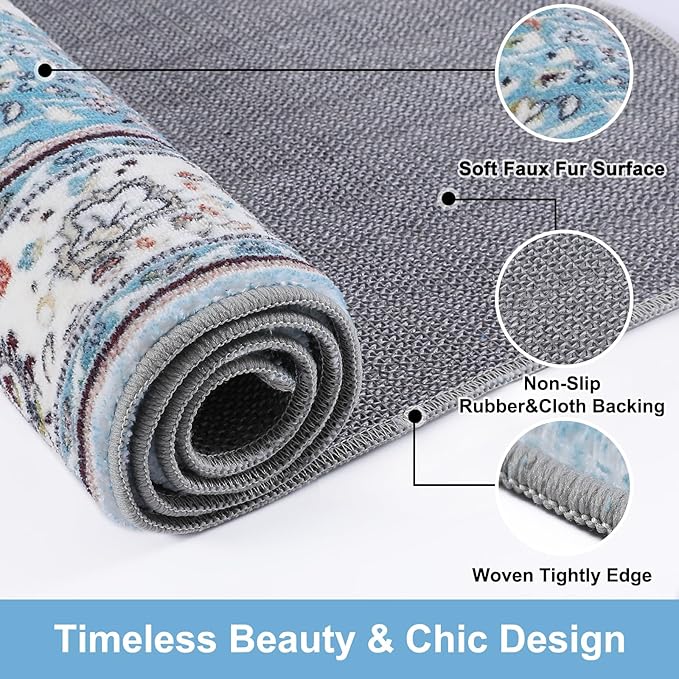 COMSLE Area Rug 4x6 Faux Wool Rugs for Kitchen, Boho Washable Throw Rugs Non-Slip Distressed Carpet Soft Accent Floor Rug for Bedroom, Living Room, Laundry Room (Light Blue)