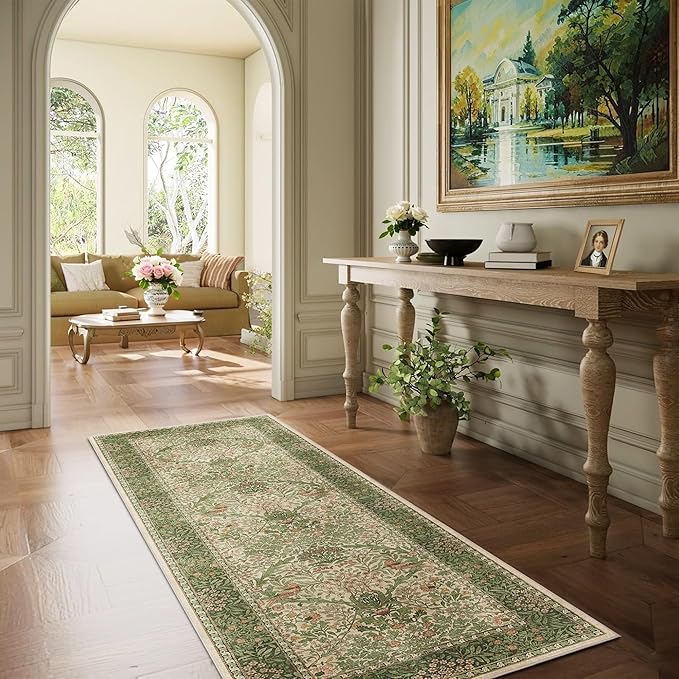 2.6x8 Floral Washable Area Rug Soft Runner Rugs for Kitchen, Vintage Boho Hallway Rug for Bedroom Dining Room, Botanical Birds Non Slip Low Pile Throw Carpet, Retro Pink/Green