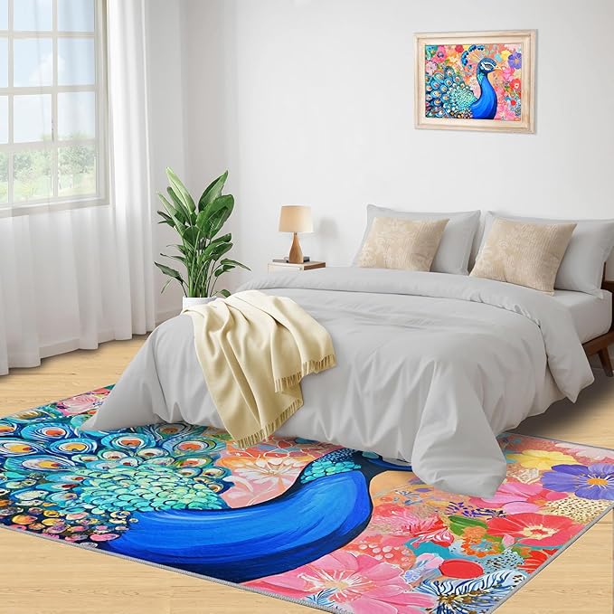 Peacock Area Rug 5x7-5x7 Rug, Boho Floral Rugs for Living Room, Colorful Carpet, Oil Painting Art Washable Area Rugs for Bedroom, Aesthetics Carpet - Peafowl Home Decor & Gifts