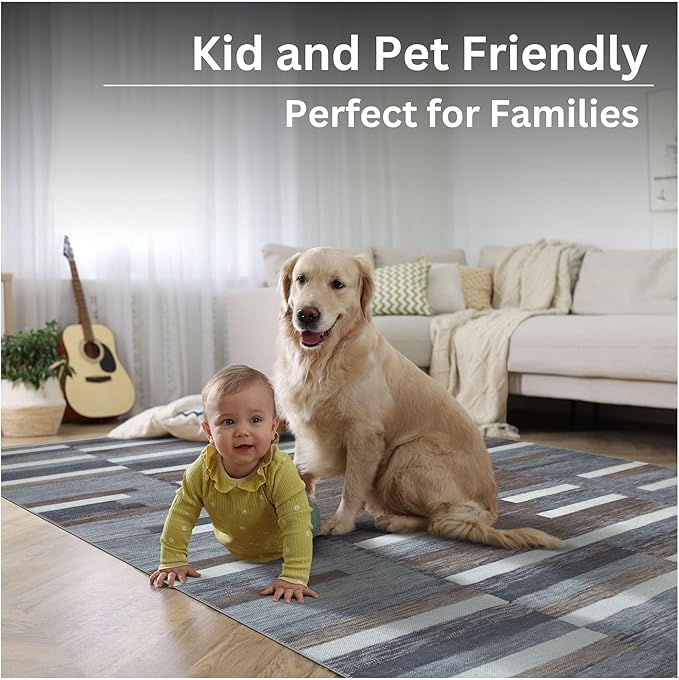 Bloom Rugs Washable Non-Slip 6' x 9' Rug - Blue/Brown Striped Area Rug for Living Room, Bedroom, Dining Room, and Kitchen - Exact Size: 6' x 9'