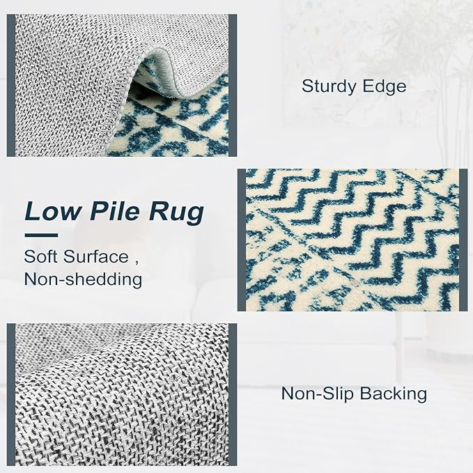 Geometric Moroccan Small Rug 2x3, Soft Non-Slip Distressed Retro Blue Rug Front Door Mat, Machine Washable Kitchen Rug Indoor Door Mats for Entryway Bedroom Bathroom Kitchen