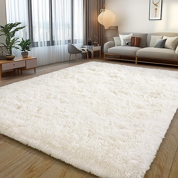 Cream White Plush Rug for Living Room Fuzzy Carpet for Bedroom Dorm, Non-Slip High Pile Rug, Shag Rug for Playroom Nursery Home Office Decor 10x14Ft