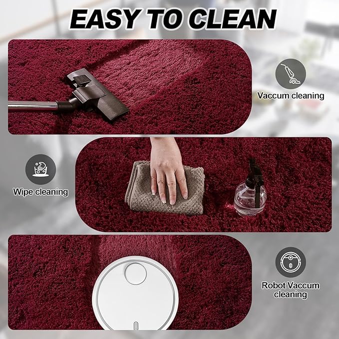 Burgundy Plush Rug for Living Room Fuzzy Carpet for Bedroom Dorm, Non-Slip High Pile Rug, Shag Rug for Playroom Nursery Home Office Decor 9X12 Ft