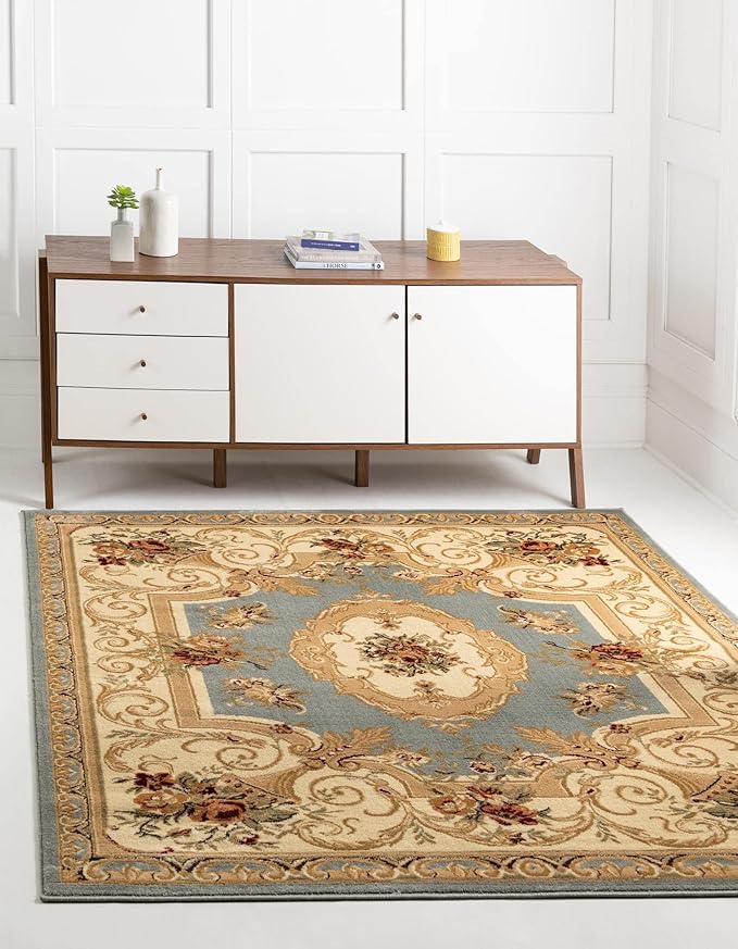 Rugs.com Chateau Collection Rug – 6 Ft Square Light Blue Medium Rug Perfect for Living Rooms, Kitchens, Entryways