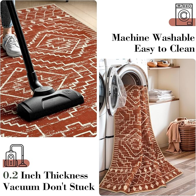 Wonnitar Moroccan Washable Area Rug, 3x5 Non-Slip Rugs for Living Room, Geometric Tribal Kitchen Entry Throw Mat, Soft Low Pile Non-Shedding Carpet for Bedroom Apartment Dorm (Brown,3'x5')