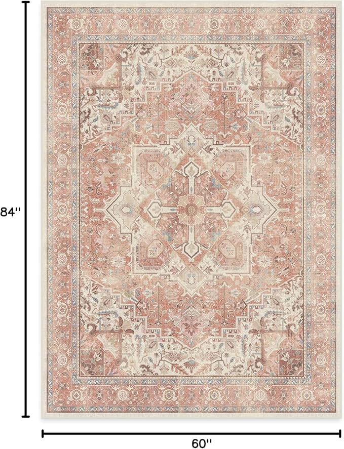 RUGGABLE Washable Area Rug – Kamran Rose Pink 5x7, Stain-Resistant, Non-Slip – Medium Machine Washable Rugs for Living Room, Bedroom, Hallway, Entryway & Office–with Cushioned Pad