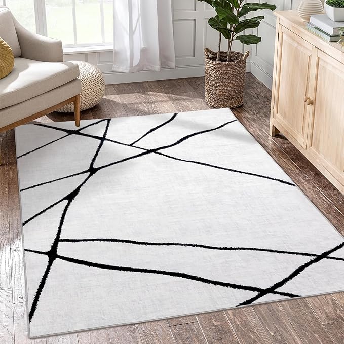 YIHOUSE 5x7 Washable Living Room Rug - Modern Abstract Black and White Area Rug Non-Slip for Bedroom Home Office (Geometric, 5'x7'ft)