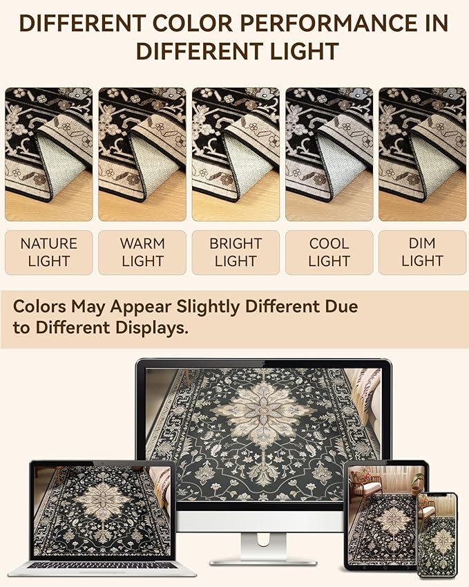 Area Rugs 5ft Washable Non-Slip, Floral Vintage Distress Print Pattern Medallion Carpet for Living Room Bedroom Dining Room, Black Brown Neutral Dark Tan