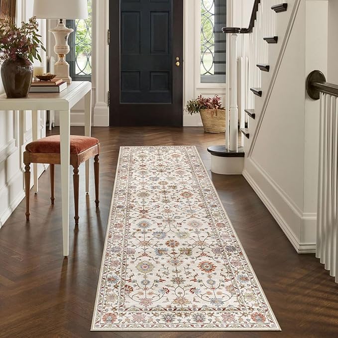 Kitchen Runner Rugs Non Skid Washable - 2.5x8ft Long Cream Colorful Boho Farmhouse Hallway Runner Rug Low Pile Vintage Floral Bohemian Carpet for Hallway Laundry Room Entryway Bedroom Foyer