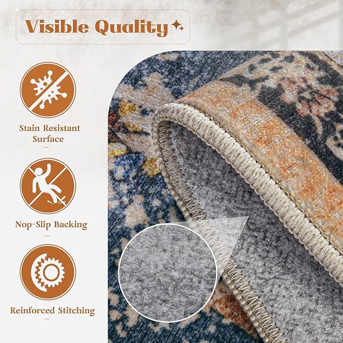 Area Rug 8x10 Washable Rug, Vintage Boho Medallion Rugs Non-Slip Soft Low Pile Large Distressed Rug Indoor Retro Carpet for Living Room Bedroom Dining Room Home Office (Tribal Medallion/Multi, 8'x10')