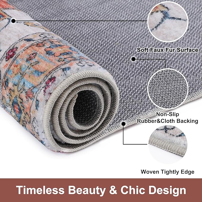 COMSLE Area Rug 2x4 Faux Wool Throw Rug for Entryway, Boho Washable Small Rugs Non-Slip Distressed Carpet Soft Accent Floor Rug for Indoor Entrance, Bedroom, Living Room, Kitchen (Rust Red)