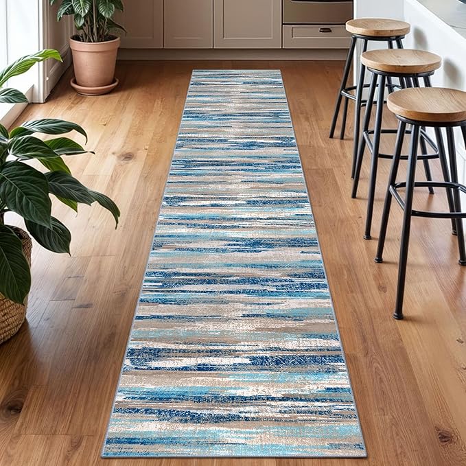 Modern Abstract Runner Rug 2x10, Blue Washable Long Kitchen Non-Slip Soft Hallway Thin Print Faux Wool Carpet for Entryway Bedroom Laundry Room Indoor Home Decor