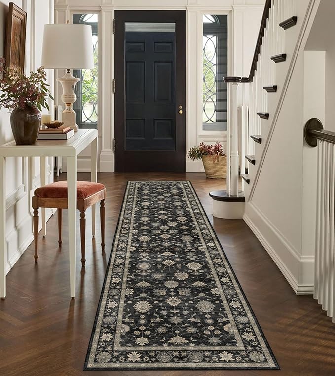 Washable Hallway Runner Rug 2.5x12ft - Long Non-Slip Charcoal Black Boho Runner Rug Low Pile Soft Vintage Farmhouse Moody Runners for Hallways Kitchen Living Room Indoor Entryway Bedroom