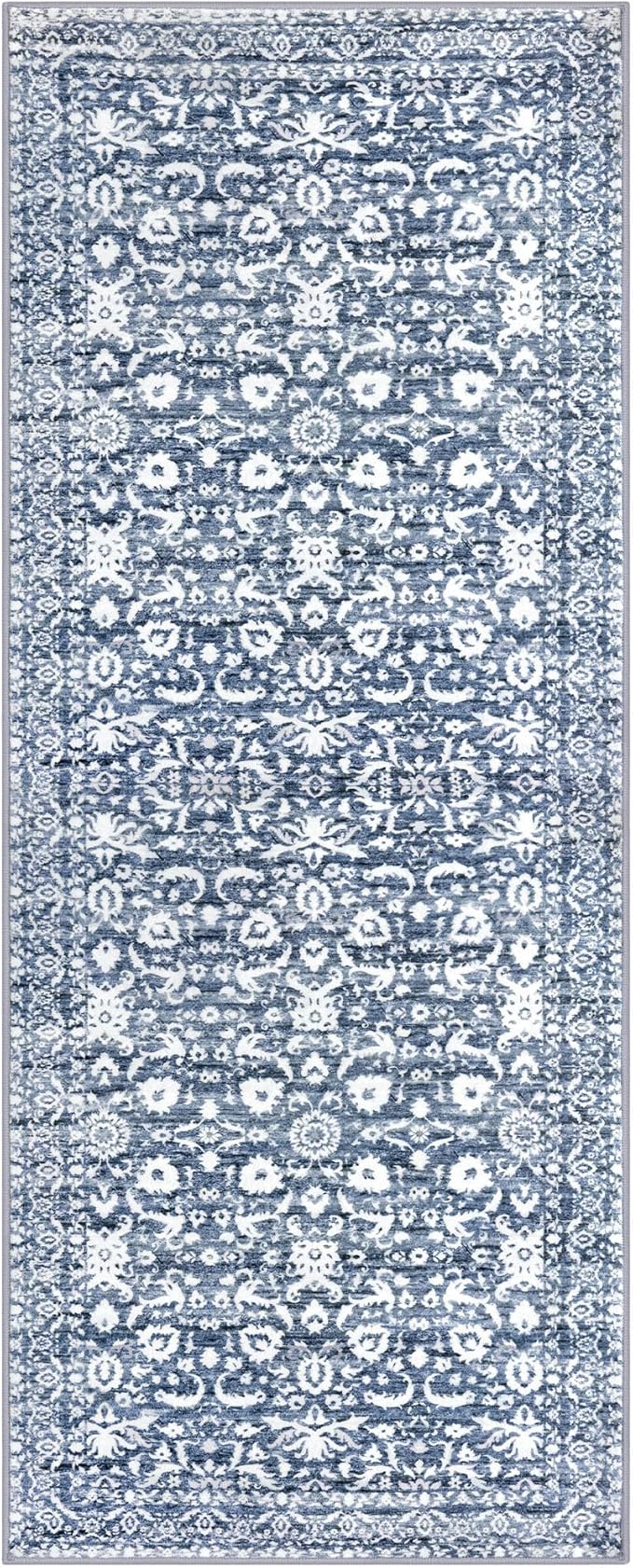 Vintage Runner Rug 3x8, Light Blue White Washable Kitchen Runner Non-Slip Soft Hallway Rug Runner Thin Print Faux Wool Carpet for Entryway Bedroom Laundry Room Indoor Home Office Decor