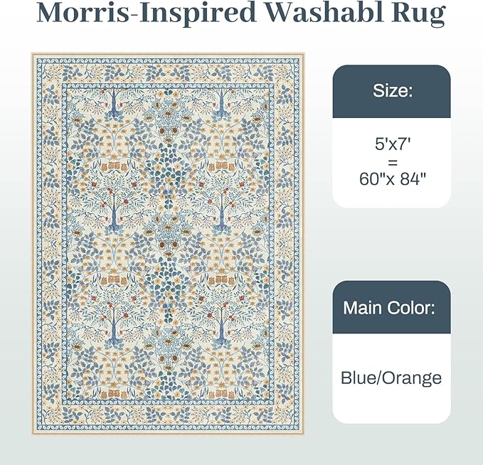 5x7 Area Rugs Living Room Rug - Floral Vintage Morris-Inspired Washable Carpet, Low Pile Non-Shedding Stain Resistance Boho Soft Carpet for Bedroom, Dining Room, Office, Farmhouse (5'x7' Blue/Orange)
